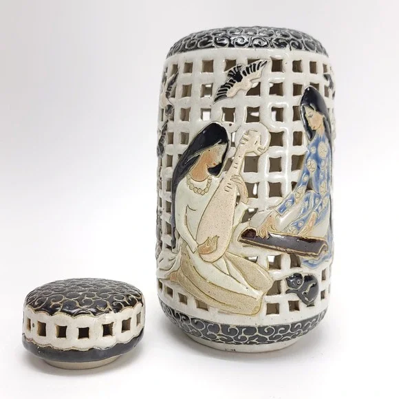 Vintage Dona Ceramics Pottery Open Work Lantern Urn Jar West Vietnam Authentic‎